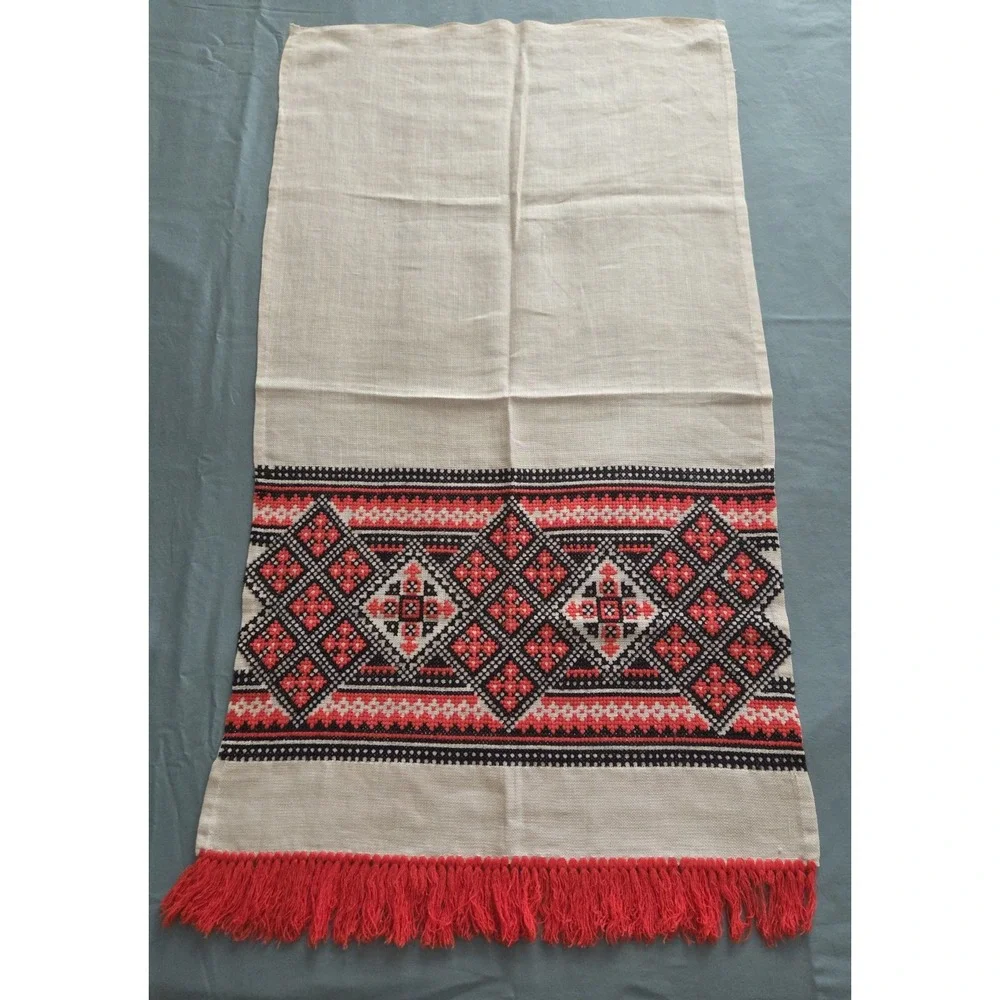 Vintage Ukrainian Rushnyk Embroidered Linen Towel, Red & Black Cross-Stitch Art